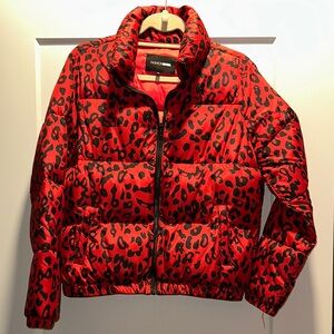 Fashion Nova Red and Black Leopard Puffer Jacket